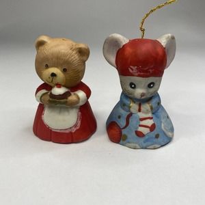 2/Two Jasco 1980 Critter Bells Mouse & Bear Porcelain Christmas Bell Vintage